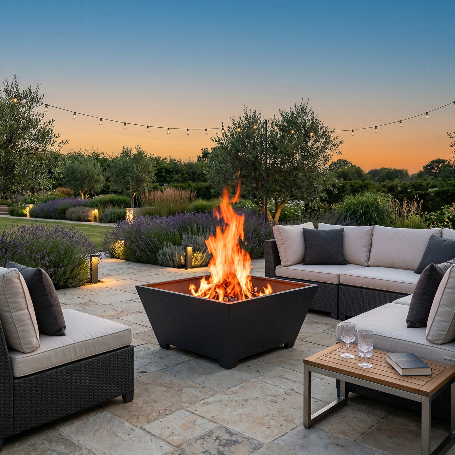 Tapered square steel fire pit in a British garden lifestyle setting — Pyrova