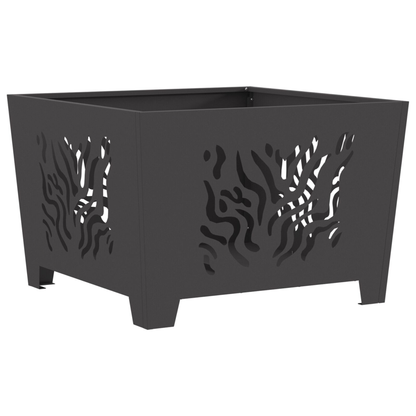 Black square decorative fire pit angle view - laser cut flame design - Pyrova