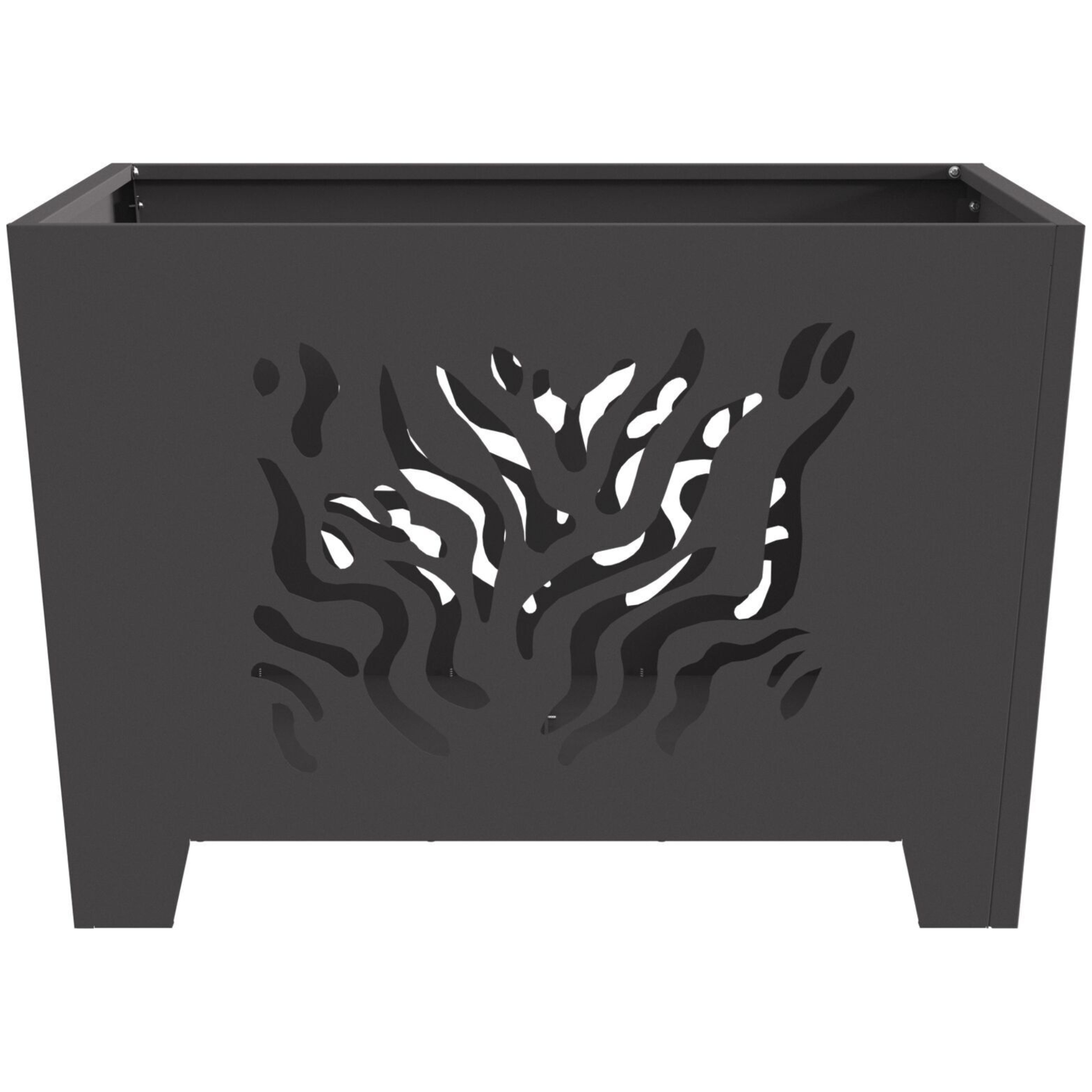 Square steel fire pit front view - decorative flame cut out panels - Pyrova