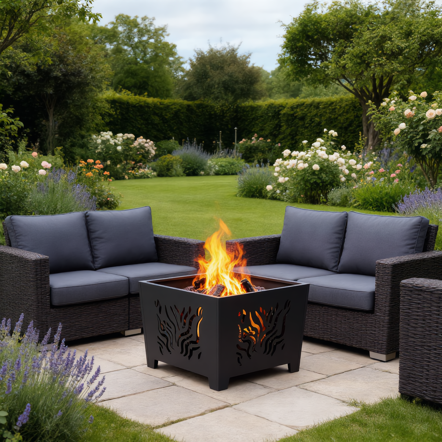 Square decorative steel fire pit with flames in garden seating area - outdoor lifestyle - Pyrova