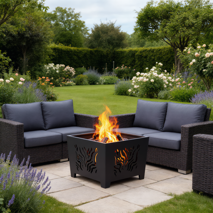 Square decorative steel fire pit with flames in garden seating area - outdoor lifestyle - Pyrova
