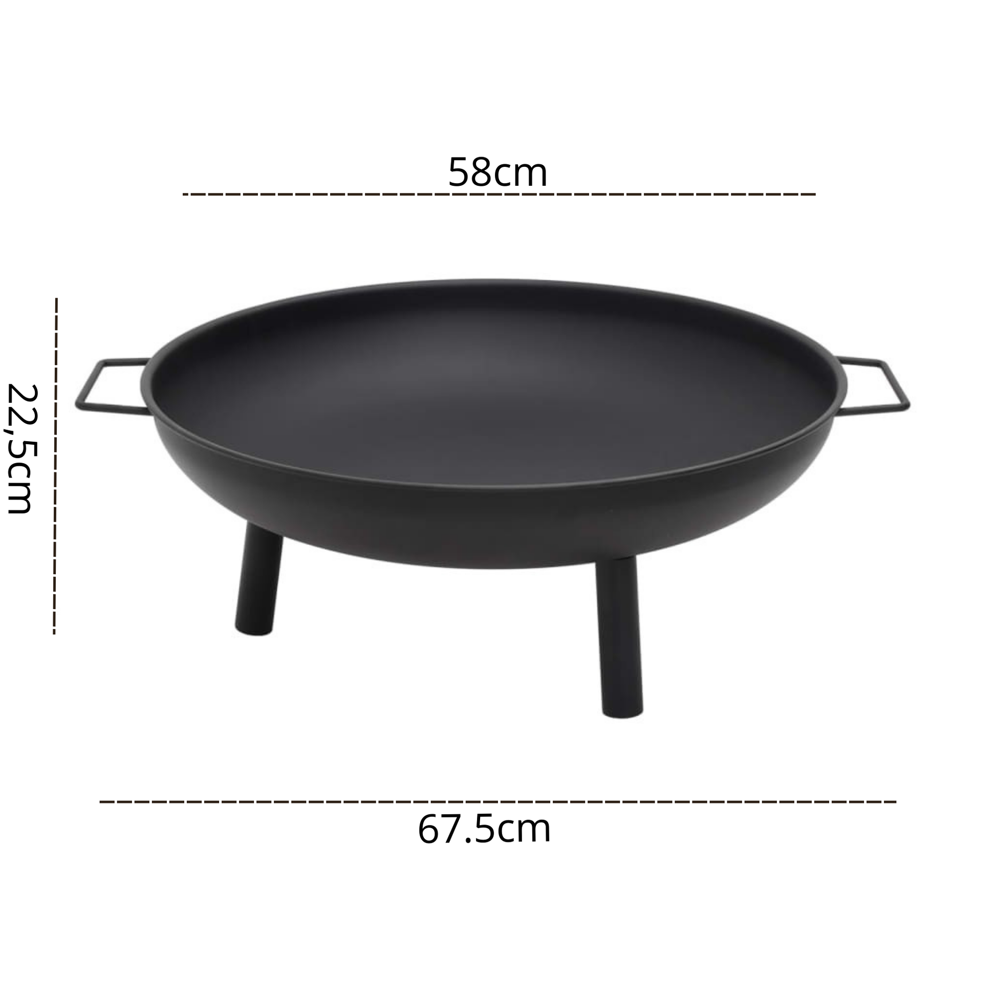 Cast iron fire pit bowl 67.5cm with legs and handles - dimensions view - Pyrova