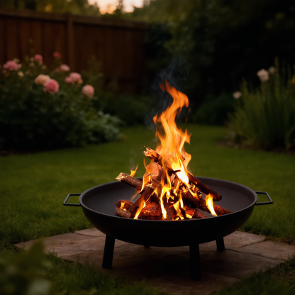 Cast iron fire pit bowl with fire in garden at dusk - outdoor lifestyle - Pyrova