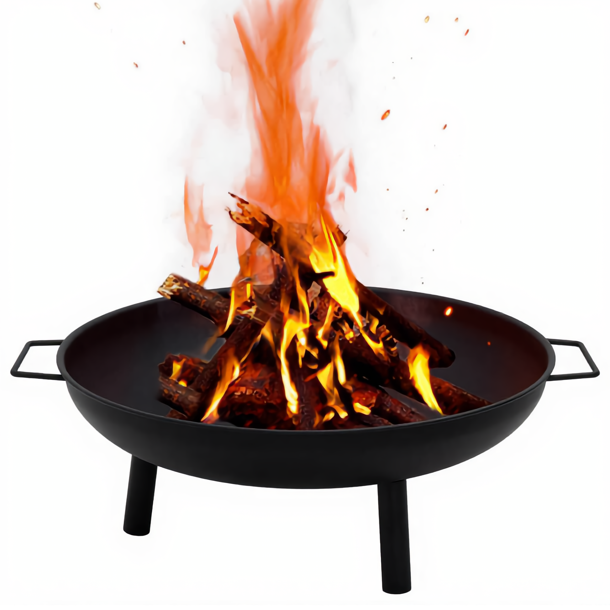 Cast iron fire pit bowl with burning logs and flames - outdoor garden use - Pyrova
