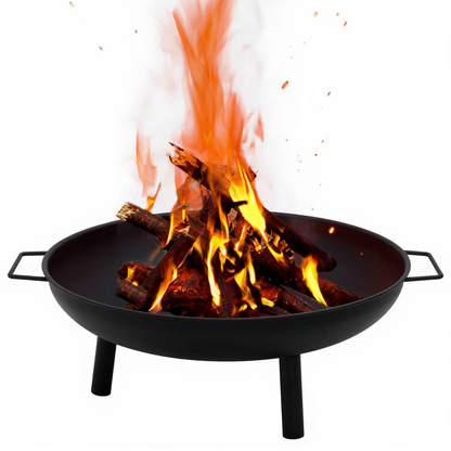 Cast iron fire pit bowl with burning logs and flames - outdoor garden use - Pyrova
