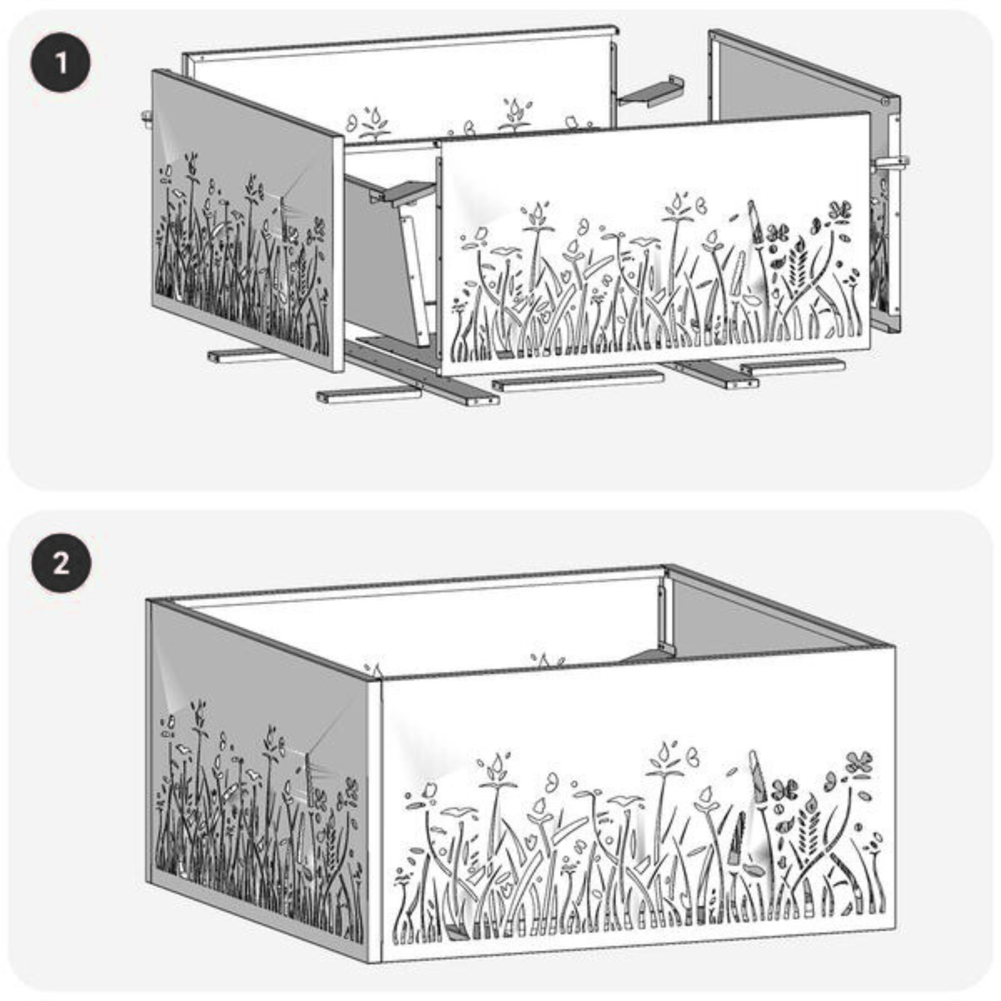 Two step assembly diagram for black steel floral cut fire pit showing panel construction Pyrova