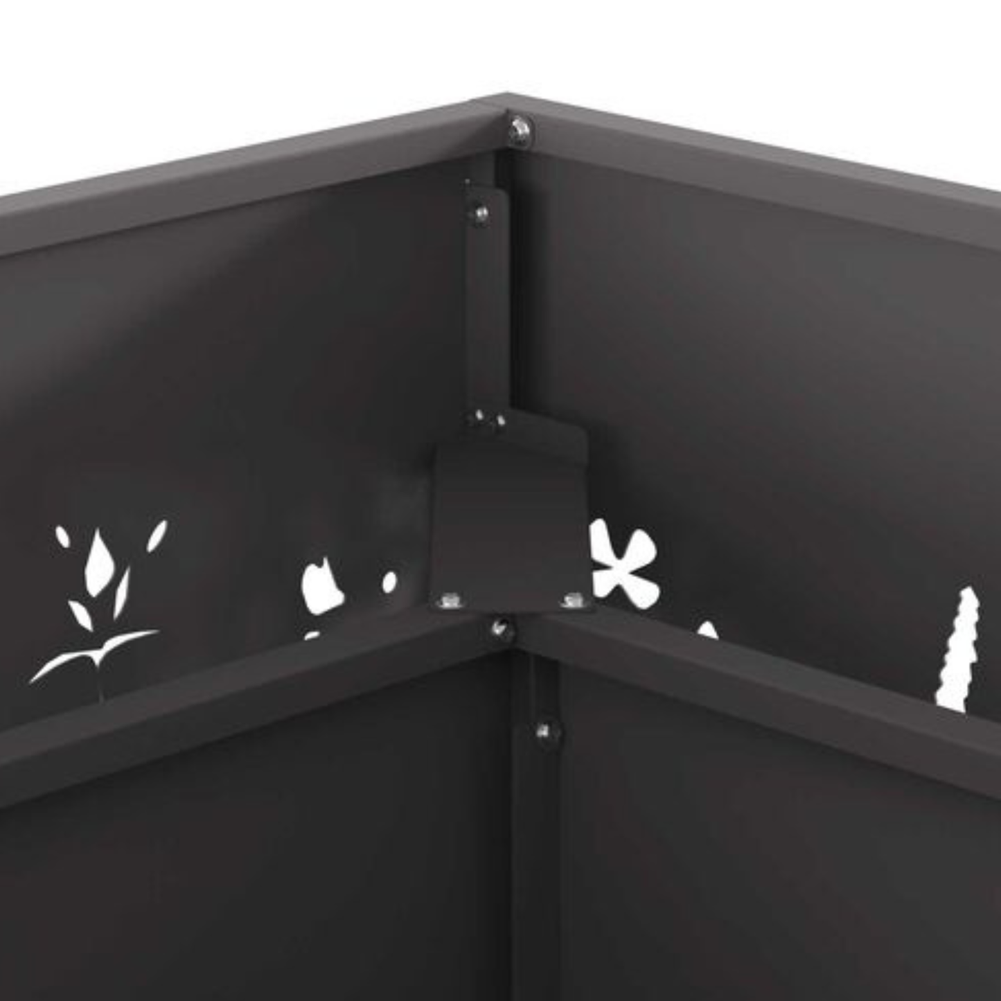Close up of interior corner bracket and floral cut panel detail on black steel fire pit Pyrova