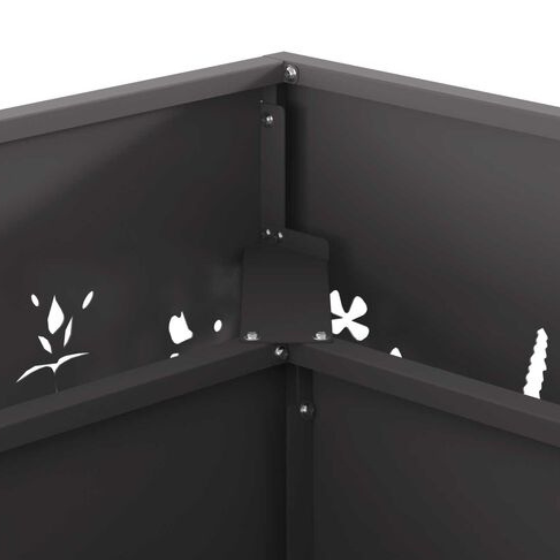 Close up of interior corner bracket and floral cut panel detail on black steel fire pit Pyrova