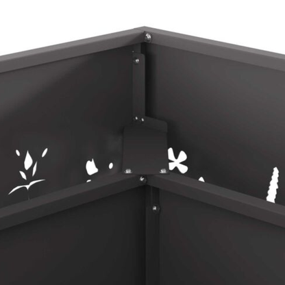 Close up of interior corner bracket and floral cut panel detail on black steel fire pit Pyrova