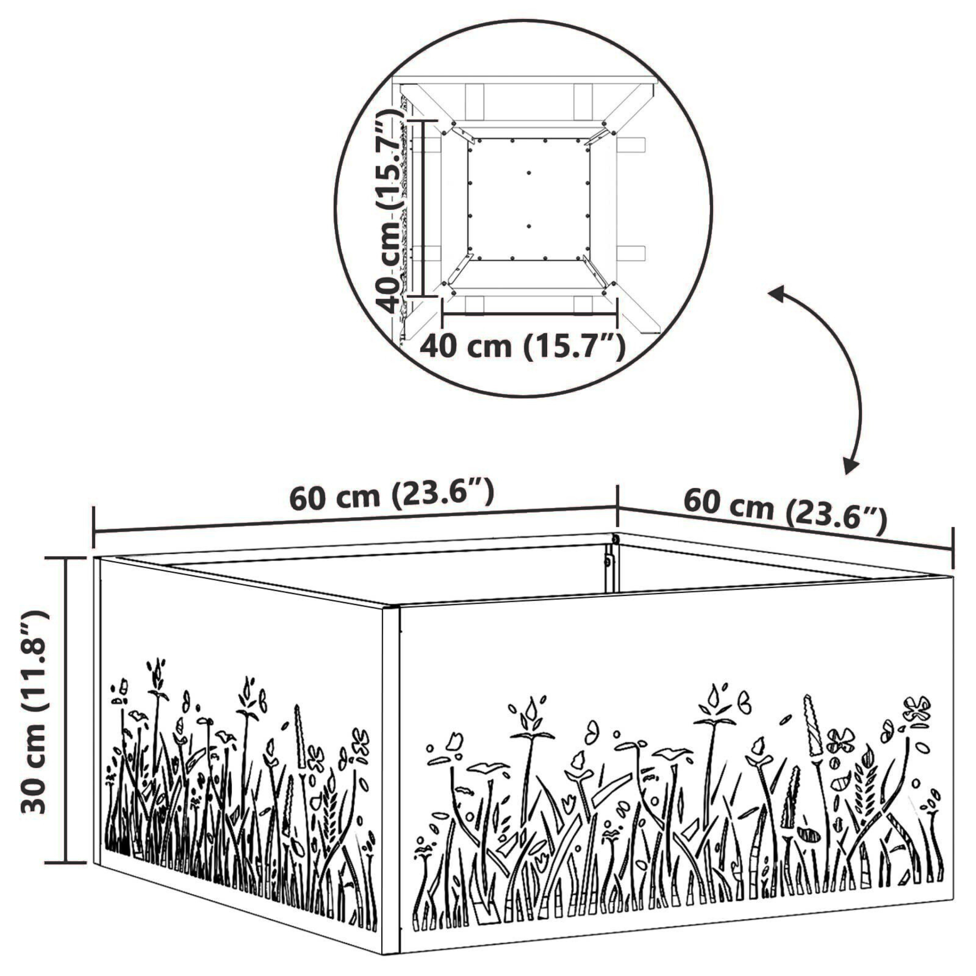 Dimension diagram of square floral cut fire pit showing 60cm width and 30cm height with 40cm inner firebox Pyrova