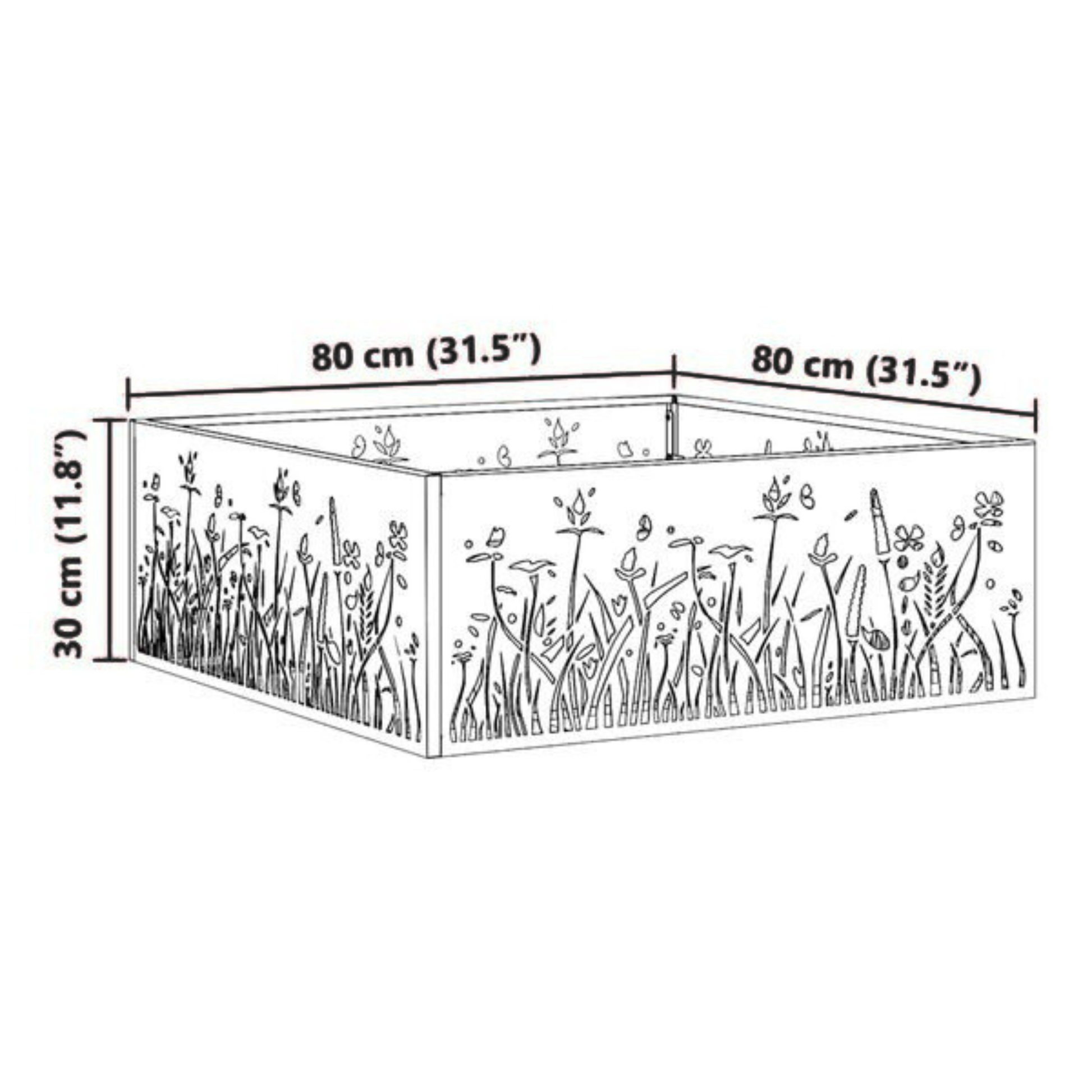 Dimension diagram of square floral cut fire pit showing 80cm width and 30cm height Pyrova