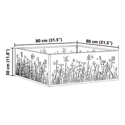 Dimension diagram of square floral cut fire pit showing 80cm width and 30cm height Pyrova