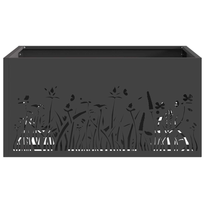 Front view of black steel square fire pit showing full width laser cut floral and meadow pattern panel Pyrova