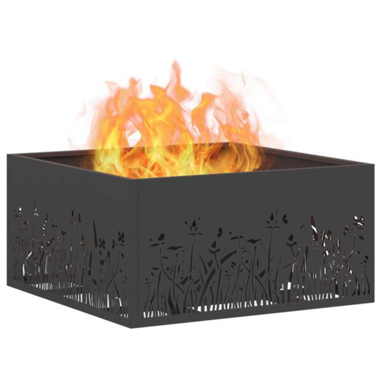 Black steel square fire pit with floral cut panels burning wood with large open flame on white background Pyrova