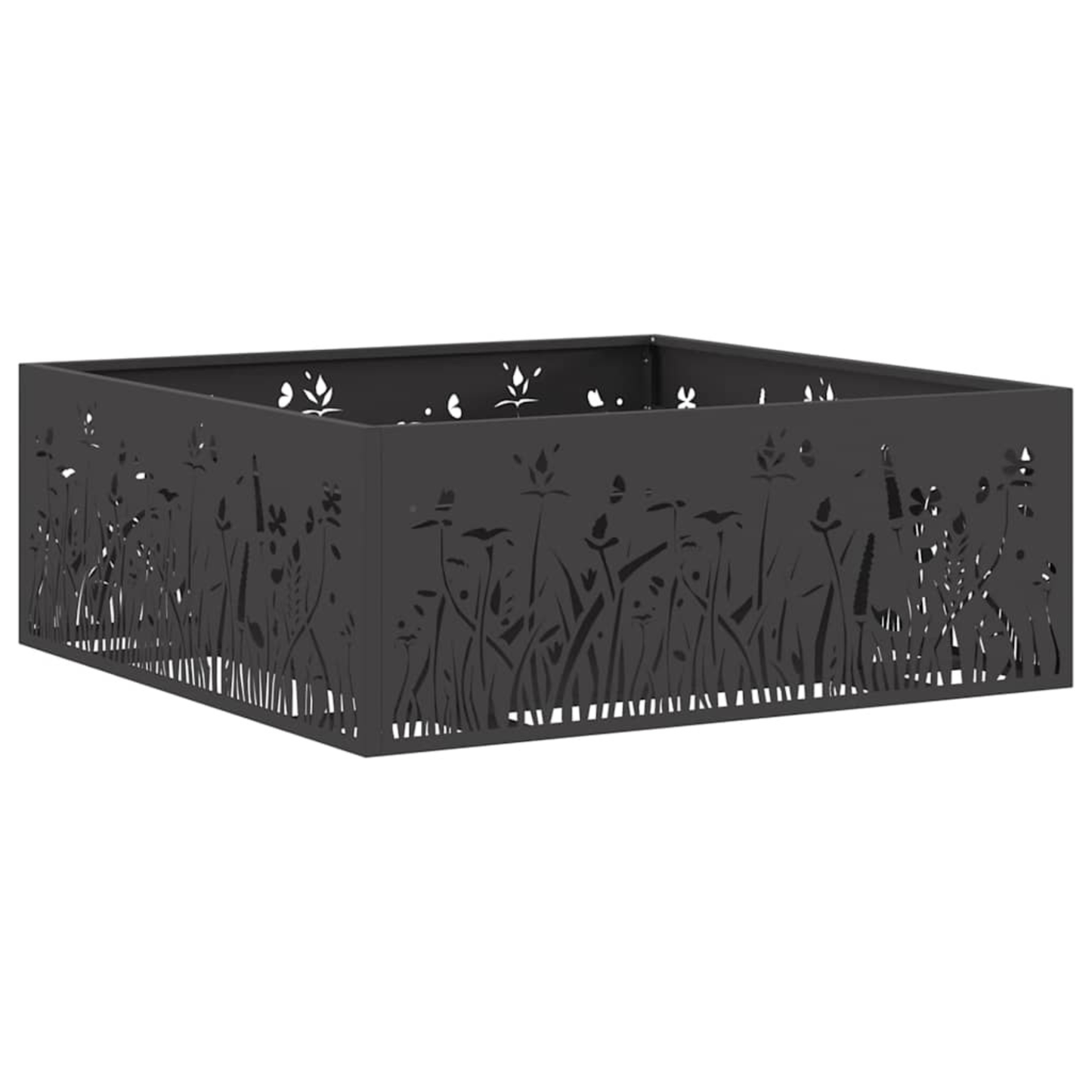 Black steel square fire pit with laser cut floral meadow pattern in larger 80cm size on white background Pyrova