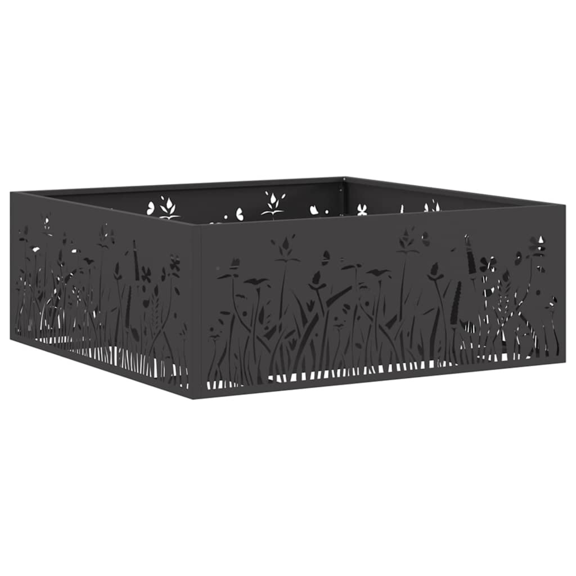 Black steel square fire pit with laser cut floral meadow pattern in larger 80cm size on white background Pyrova
