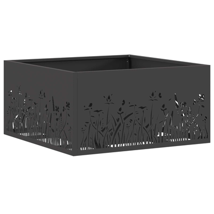 Black steel square fire pit with laser cut floral meadow pattern on white background outdoor wood burning fire pit Pyrova