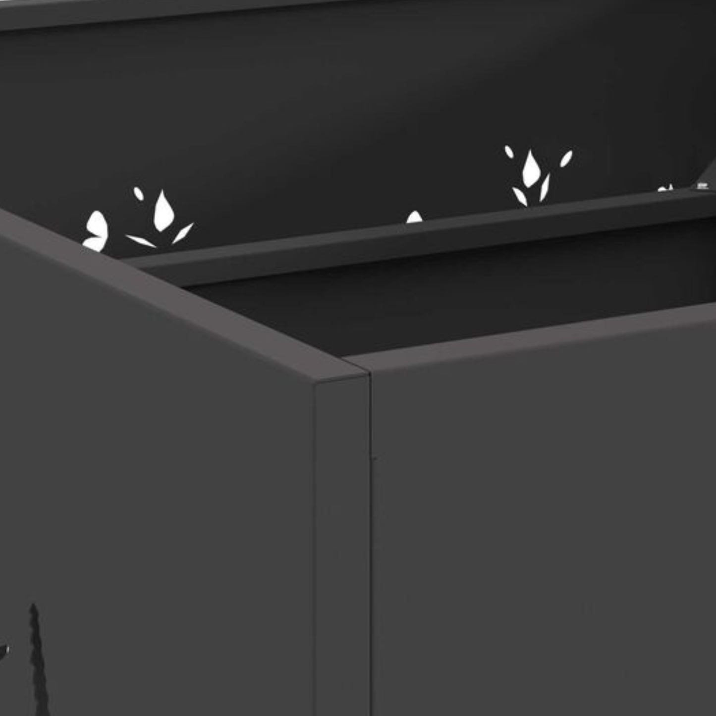 Close up of interior top rim and floral cut ventilation detail on black steel square fire pit Pyrova