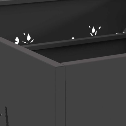Close up of interior top rim and floral cut ventilation detail on black steel square fire pit Pyrova