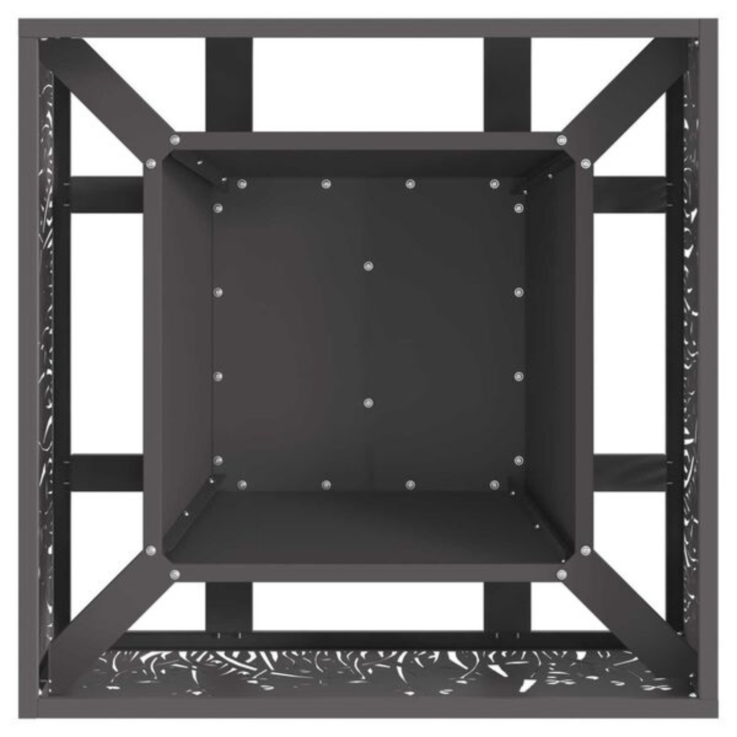 Top down view of black steel floral cut fire pit showing square open firebox and inner frame construction Pyrova