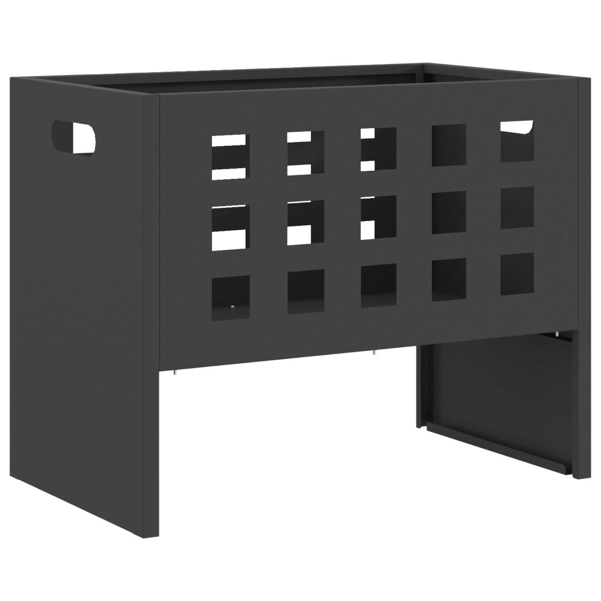 Rectangular steel grid fire pit angle view - square cut out pattern with handles - Pyrova

