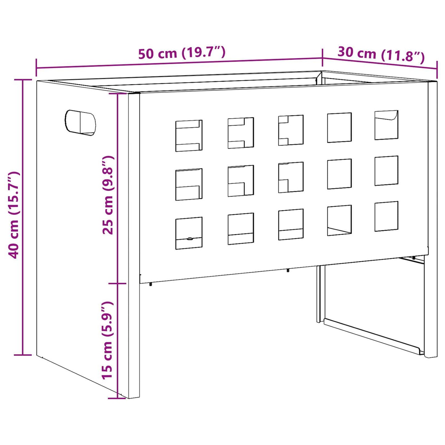 Rectangular grid steel fire pit 50x30x40cm dimensions diagram - outdoor fire pit - Pyrova
