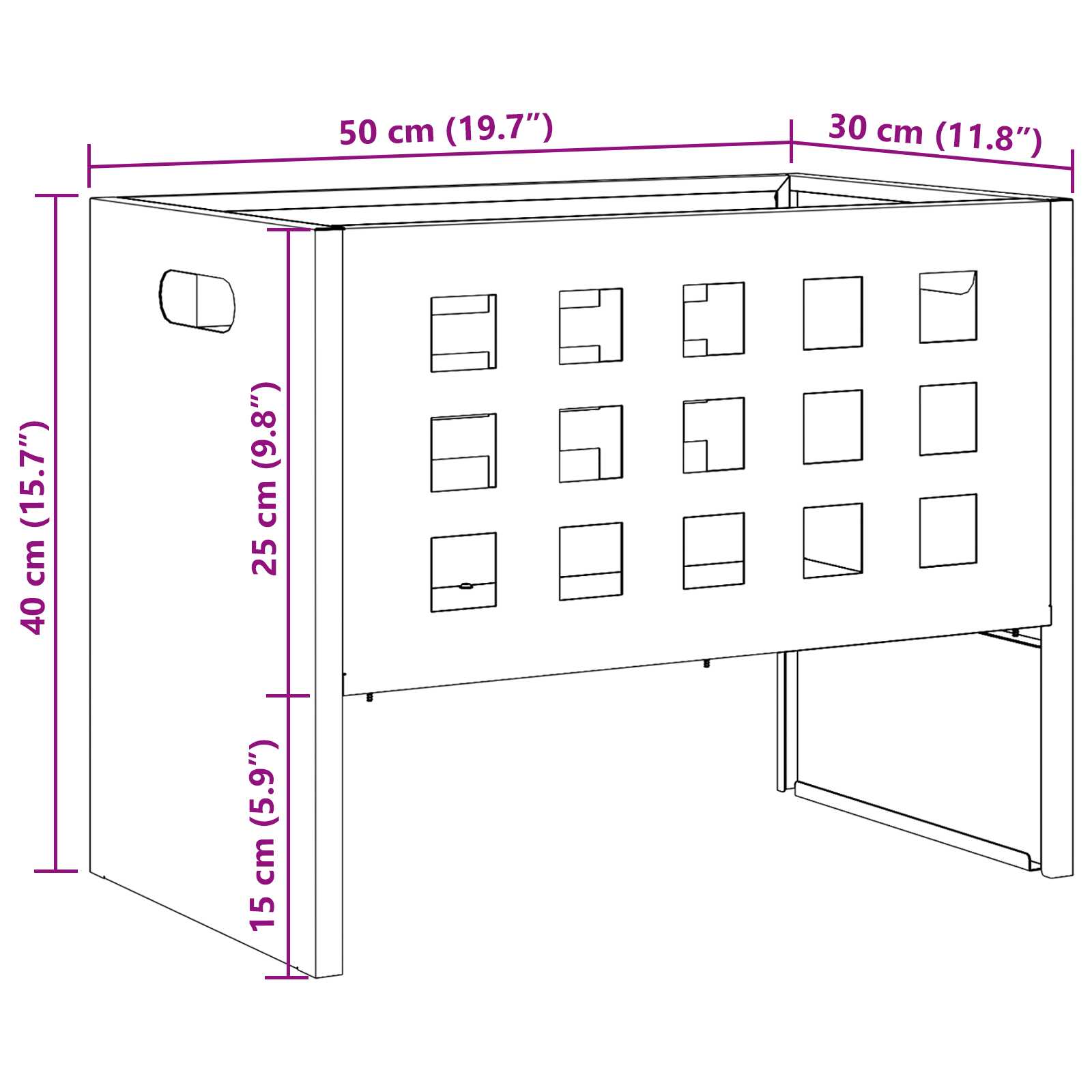 Rectangular grid steel fire pit 50x30x40cm dimensions diagram - outdoor fire pit - Pyrova

