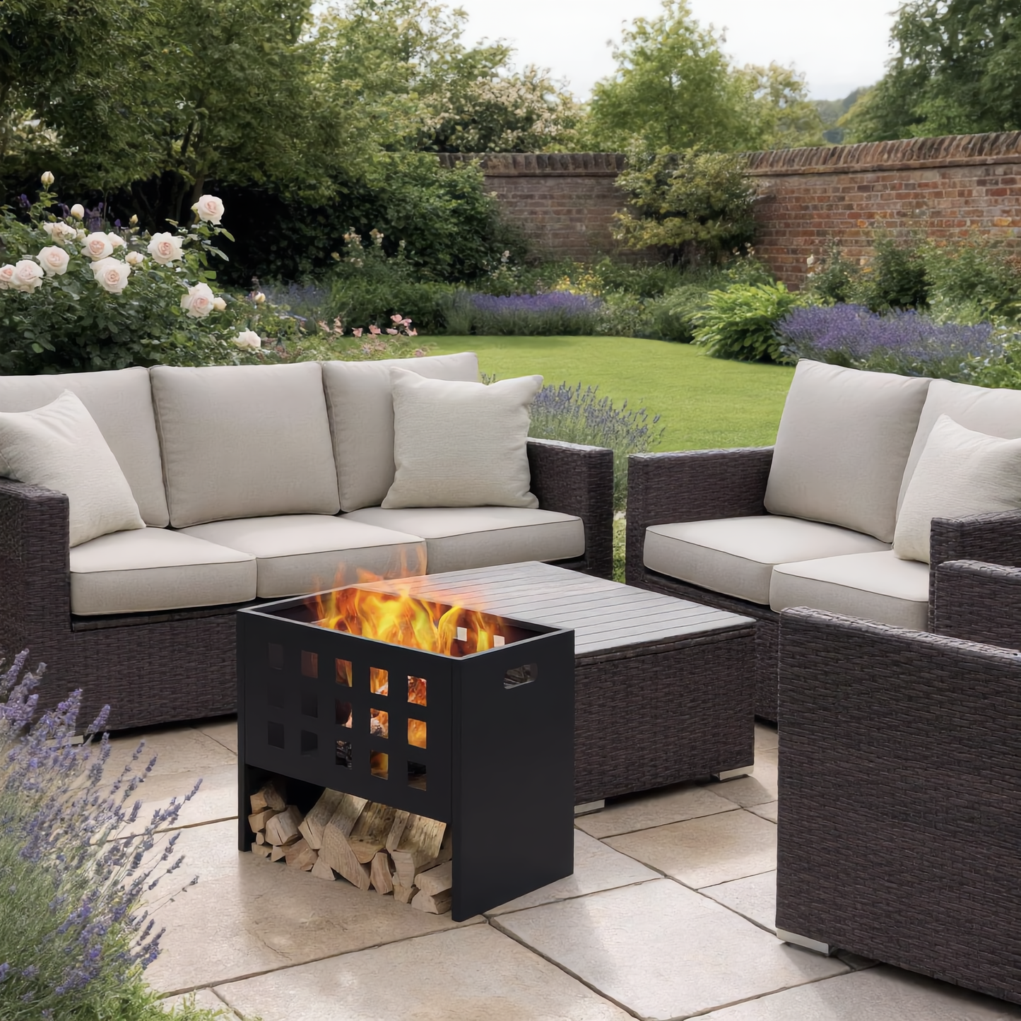 Rectangular grid steel fire pit with flames and log storage in garden seating area - outdoor lifestyle - Pyrova
