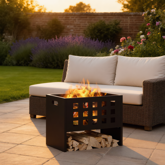 Rectangular grid steel fire pit with flames and log storage on patio at sunset - outdoor lifestyle - Pyrova
