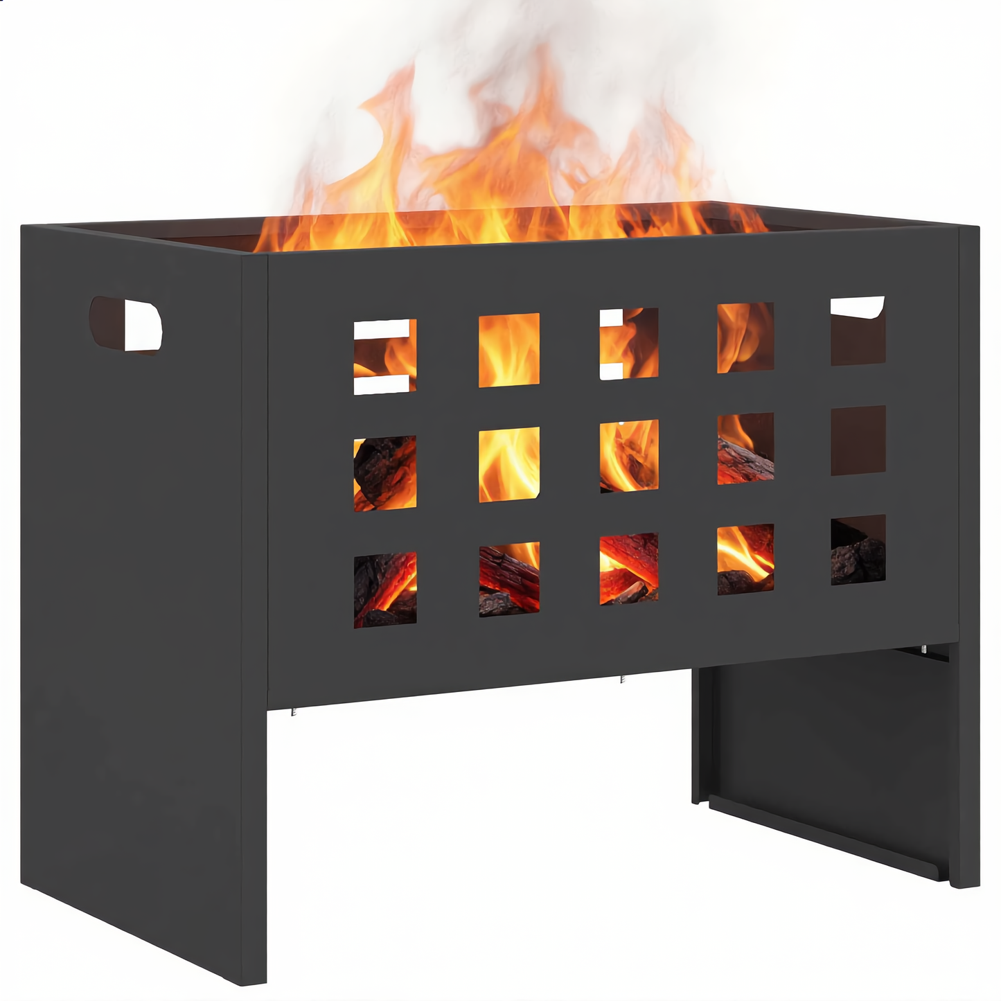 Rectangular grid steel fire pit with burning flames through square cut outs - Pyrova
