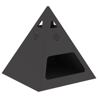Black pyramid steel chiminea angle view - ventilation holes and front opening - Pyrova