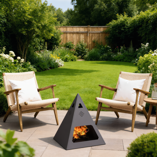 Pyramid steel chiminea with fire between garden chairs on patio - outdoor lifestyle - Pyrova