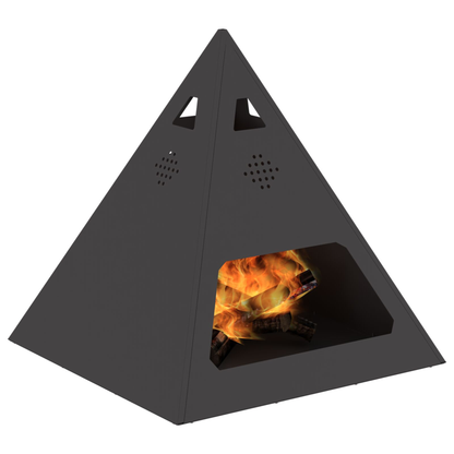 Pyramid chiminea with fire burning inside - black steel outdoor fireplace - Pyrova