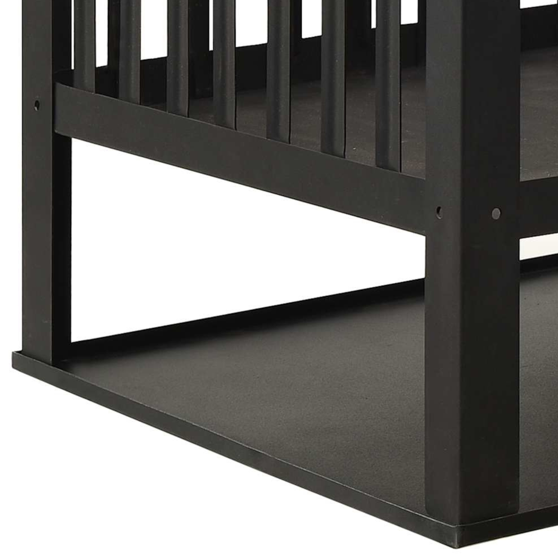 Close-up of lower steel base plate and leg frame detail on square slatted fire pit - heavy duty outdoor fire basket - Pyrova