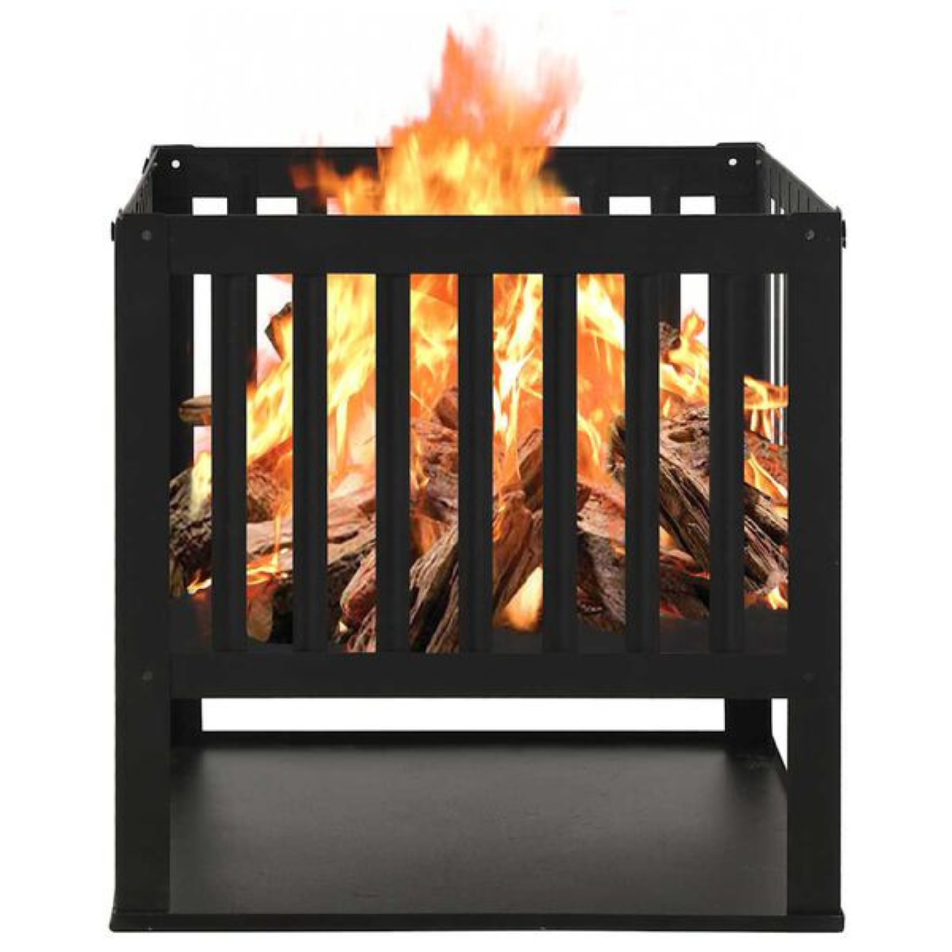 Front view of square black steel slatted fire pit burning logs with open flame - outdoor wood burning fire pit - Pyrova