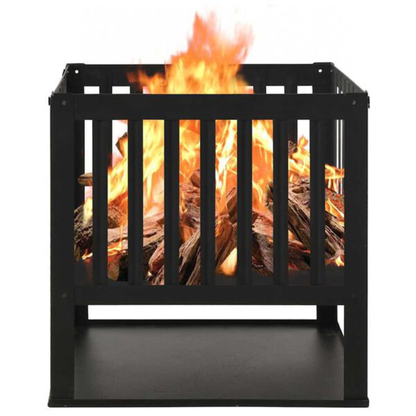 Front view of square black steel slatted fire pit burning logs with open flame - outdoor wood burning fire pit - Pyrova