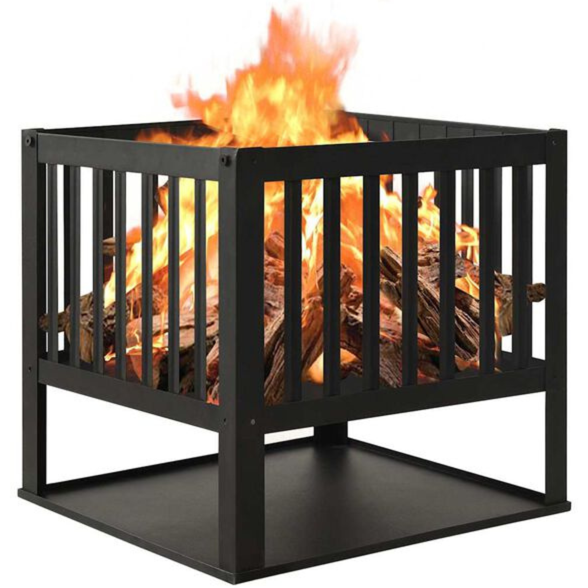 Square black steel slatted fire pit with open top burning logs on white background - outdoor garden fire pit - Pyrova
