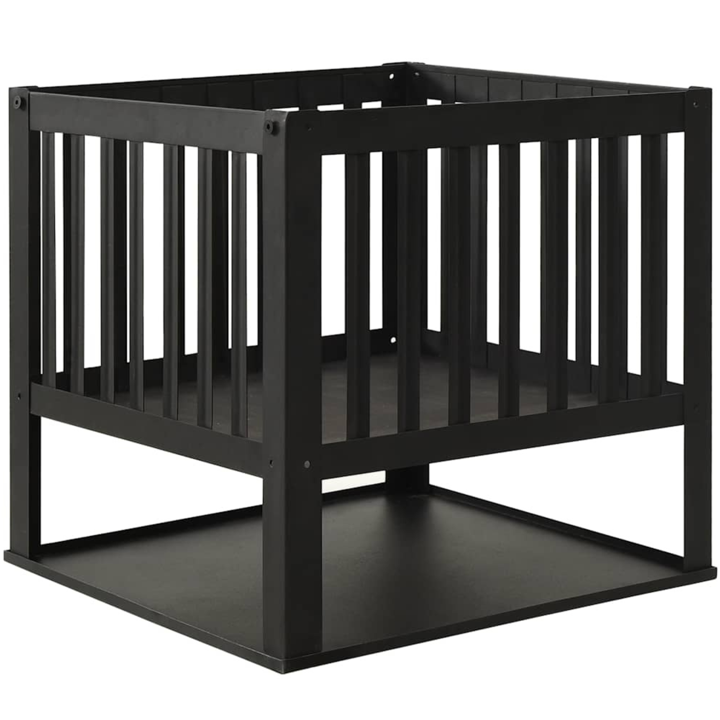 Square black steel slatted fire pit with raised basket and lower storage shelf on white background - garden fire basket - Pyrova