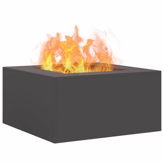 Square anthracite steel fire pit with large open flame on white background outdoor fire pit Pyrova