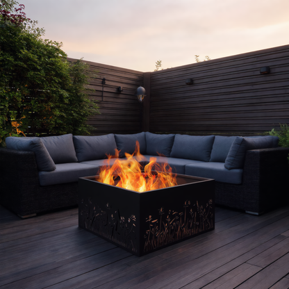 Black steel square fire pit with floral cut-out panels burning wood at dusk on decking terrace next to grey rattan corner sofa outdoor fire pit Pyrova