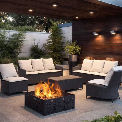 Black steel square fire pit with floral cut-out panels burning wood on covered evening patio surrounded by dark rattan garden furniture outdoor fire pit Pyrova