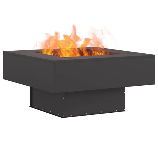 Anthracite square steel fire pit with raised plinth base burning wood with open flame on white background outdoor fire pit Pyrova