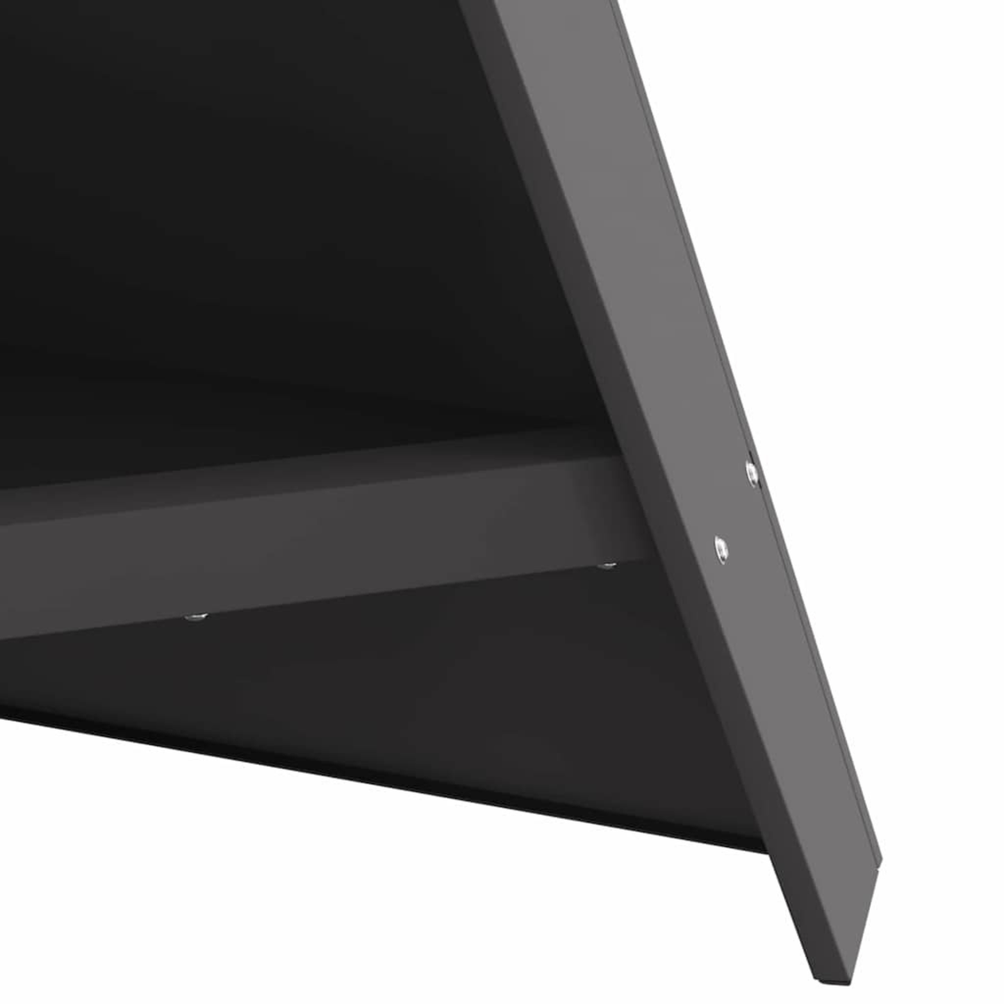 Close up of anthracite steel A-frame chiminea base corner showing angled panel and bolt fixings outdoor fire pit Pyrova