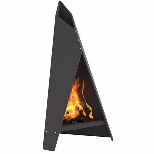 Anthracite steel A-frame chiminea fire pit burning wood with open flame visible through triangular opening on white background outdoor fire pit Pyrova