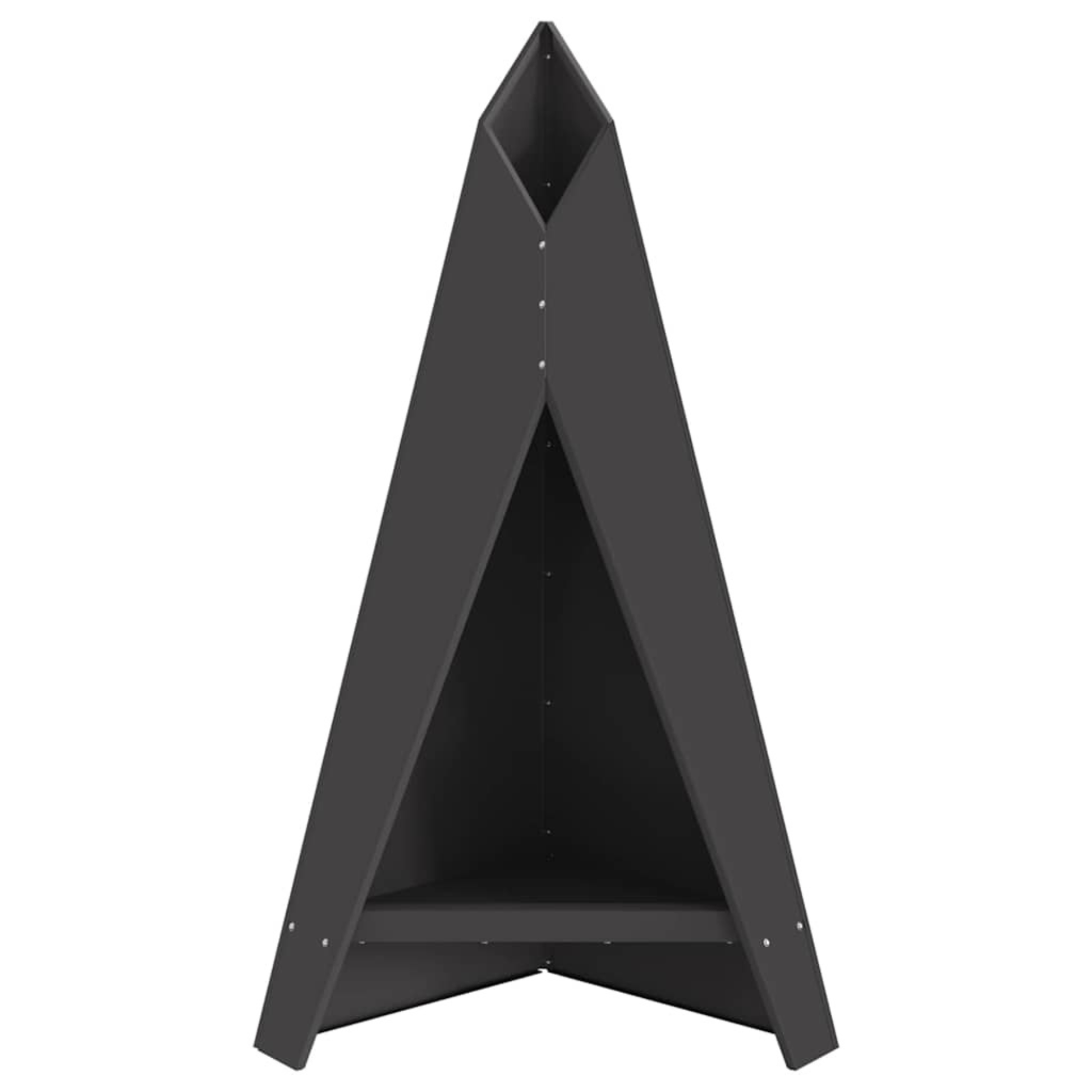 Front view of anthracite steel A-frame chiminea fire pit showing open triangular firebox on white background outdoor fire pit Pyrova