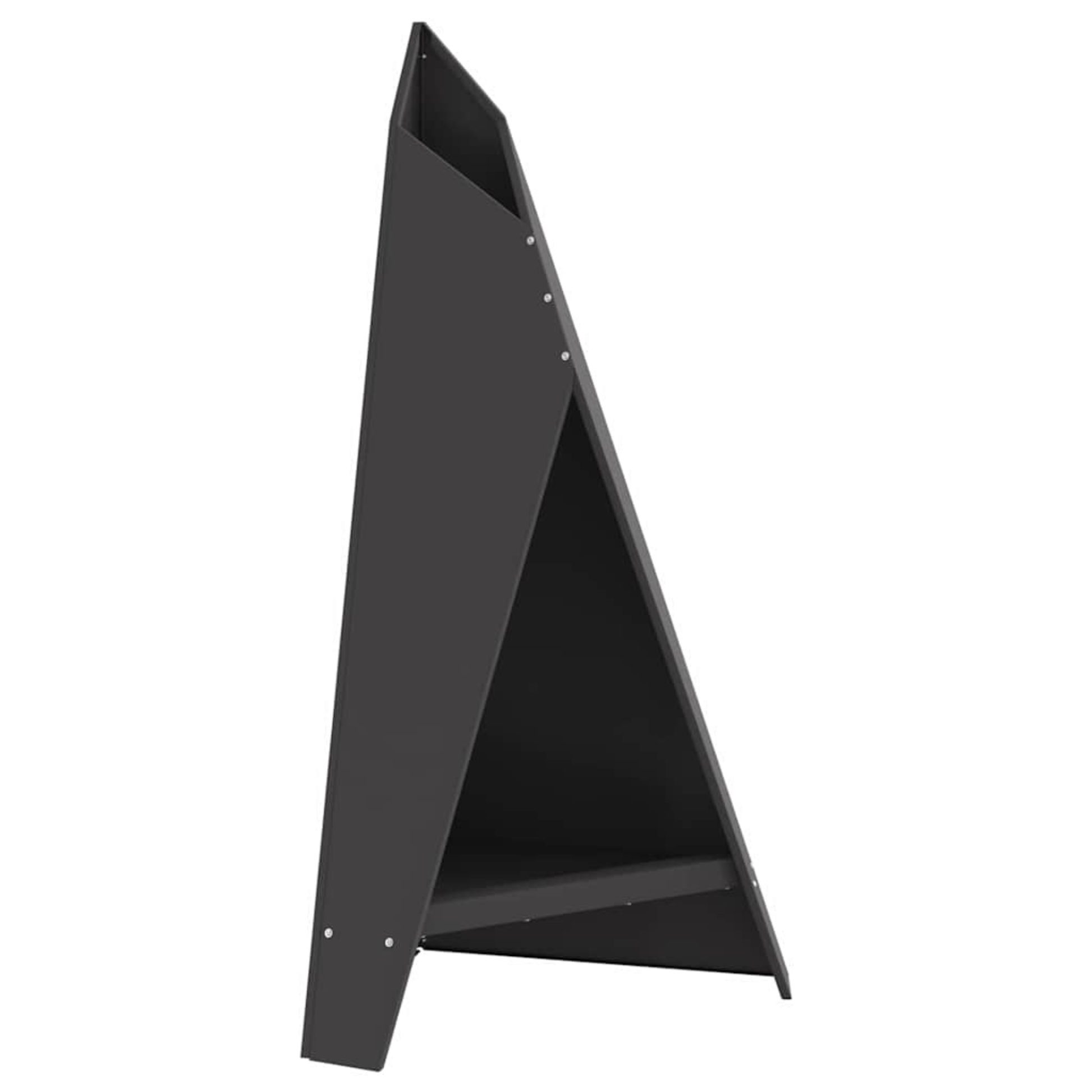 Side profile view of anthracite steel A-frame chiminea fire pit showing full height tapered panel on white background outdoor fire pit Pyrova