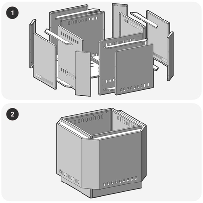 Two step assembly diagram for black steel cube fire pit showing individual panels and assembled structure Pyrova