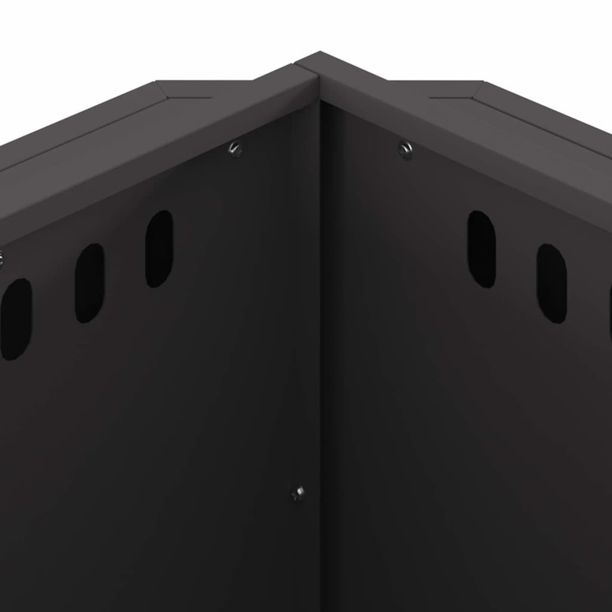 Close up of chamfered corner and oval ventilation slots at base of black steel cube fire pit Pyrova