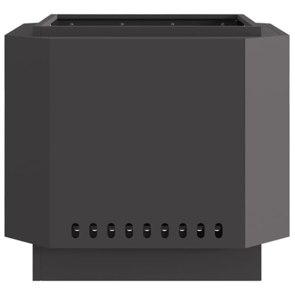 Front view of black steel cube fire pit with chamfered corners and oval ventilation slots around base Pyrova