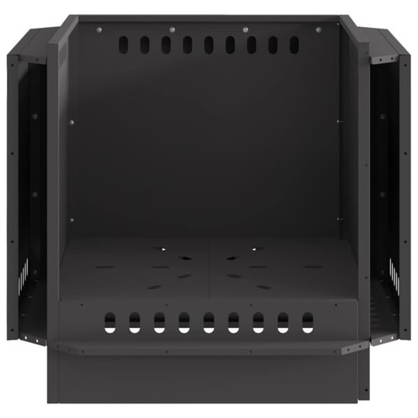 Interior view of black steel cube fire pit showing ventilated base grate and side panel construction Pyrova